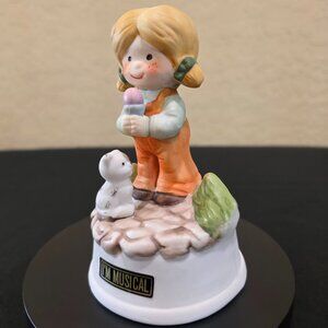 Vintage FLAMBRO Pigtail Girl Overall Ice Cream Cone Kitten Cat Ceramic Music Box